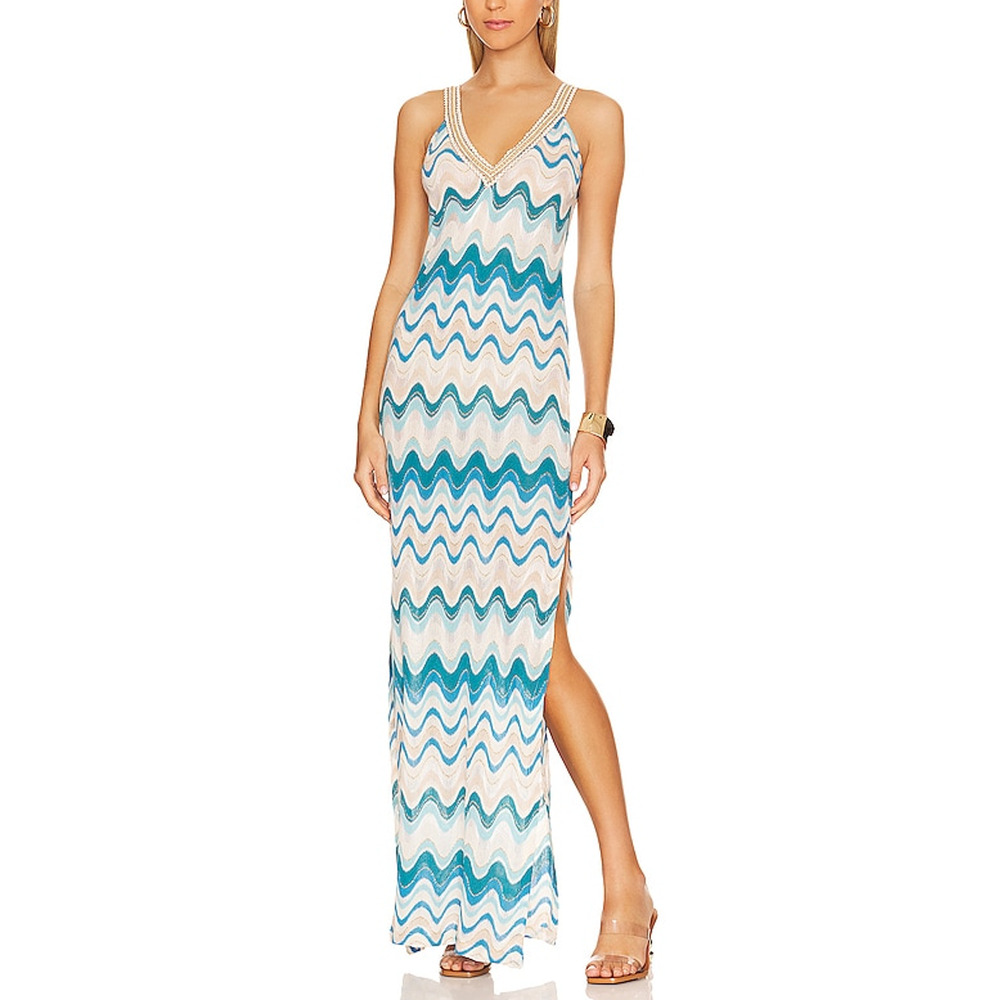 Luli Fama Gold Trim Maxi Blue Dress Size M